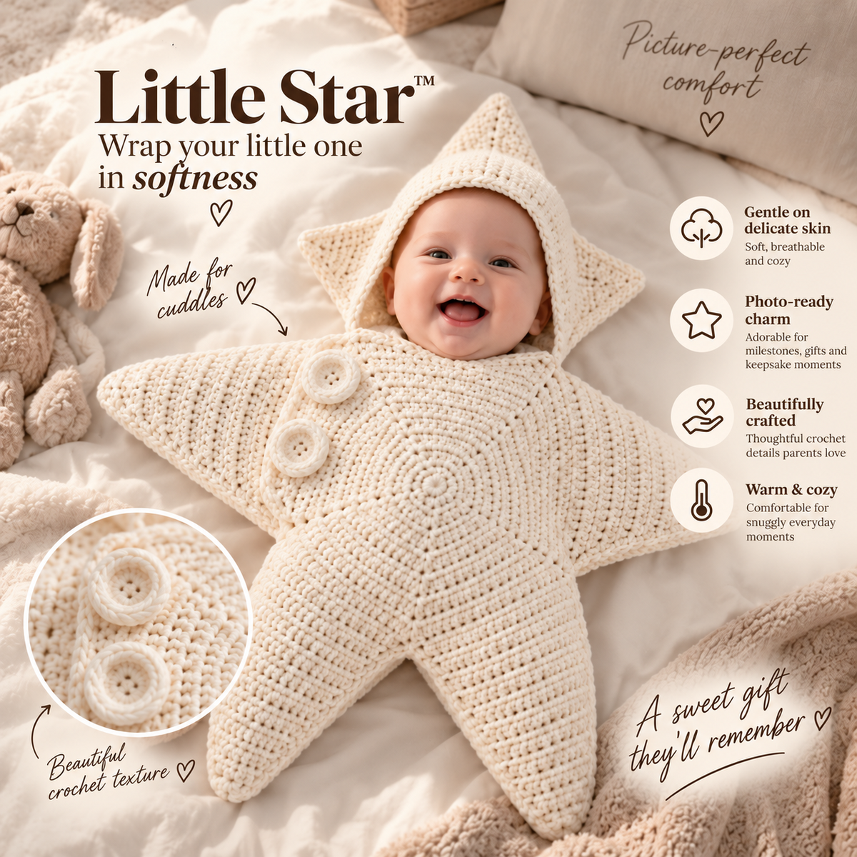 Little Star crochet baby outfit in beige