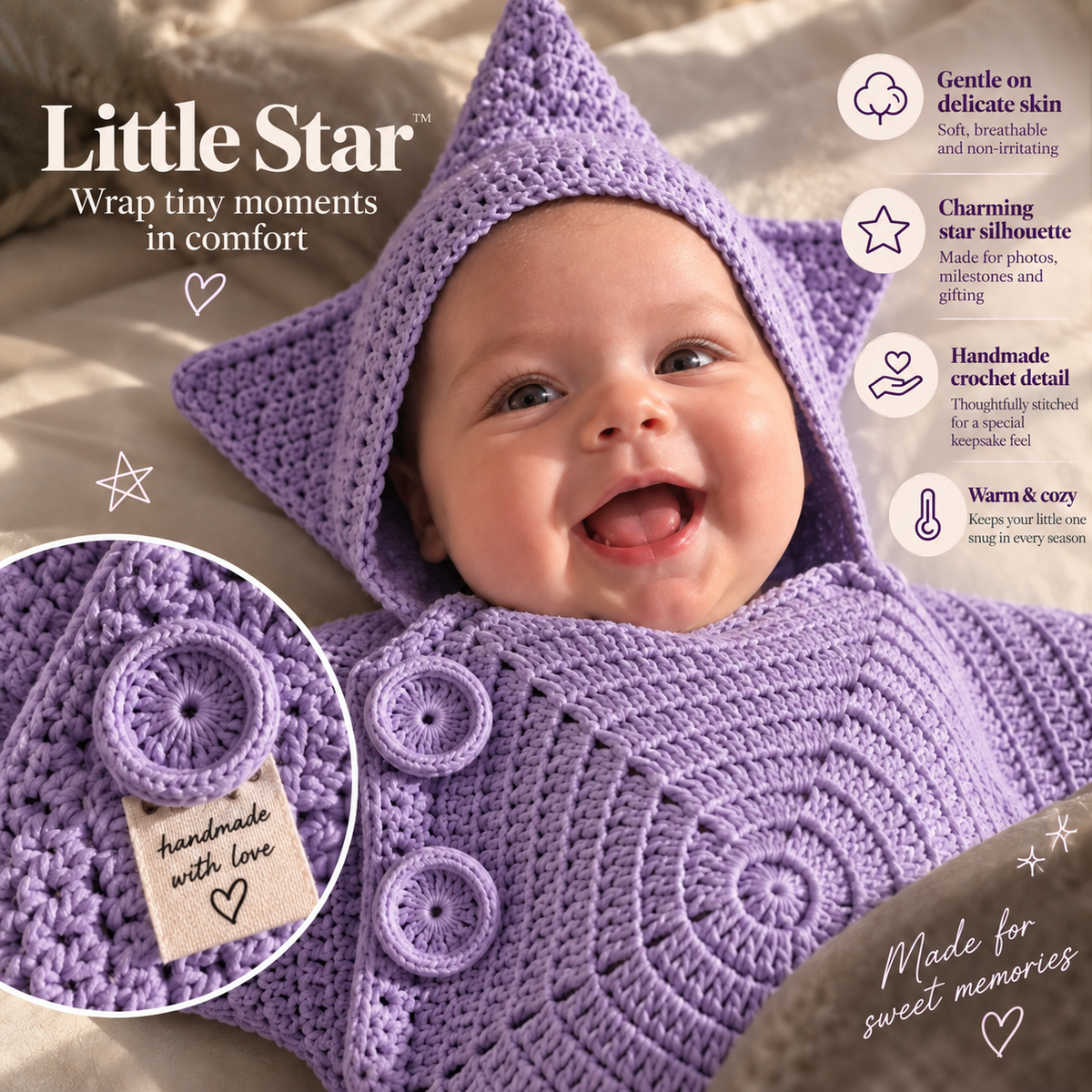 Little Star crochet baby outfit in purple