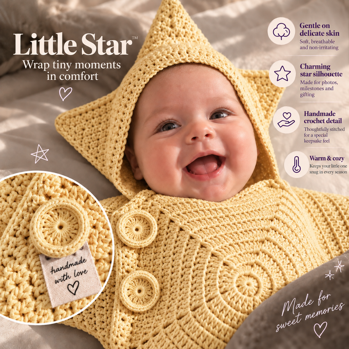 Little Star crochet baby outfit in yellow
